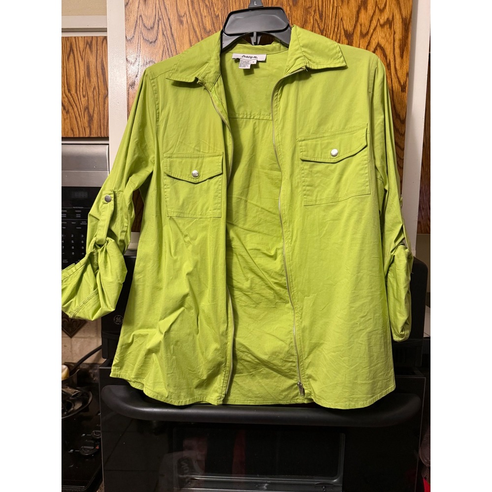 tracy m Lime Green Zip Front Collared Shirt Women's Size S Roll Tab Sleeves